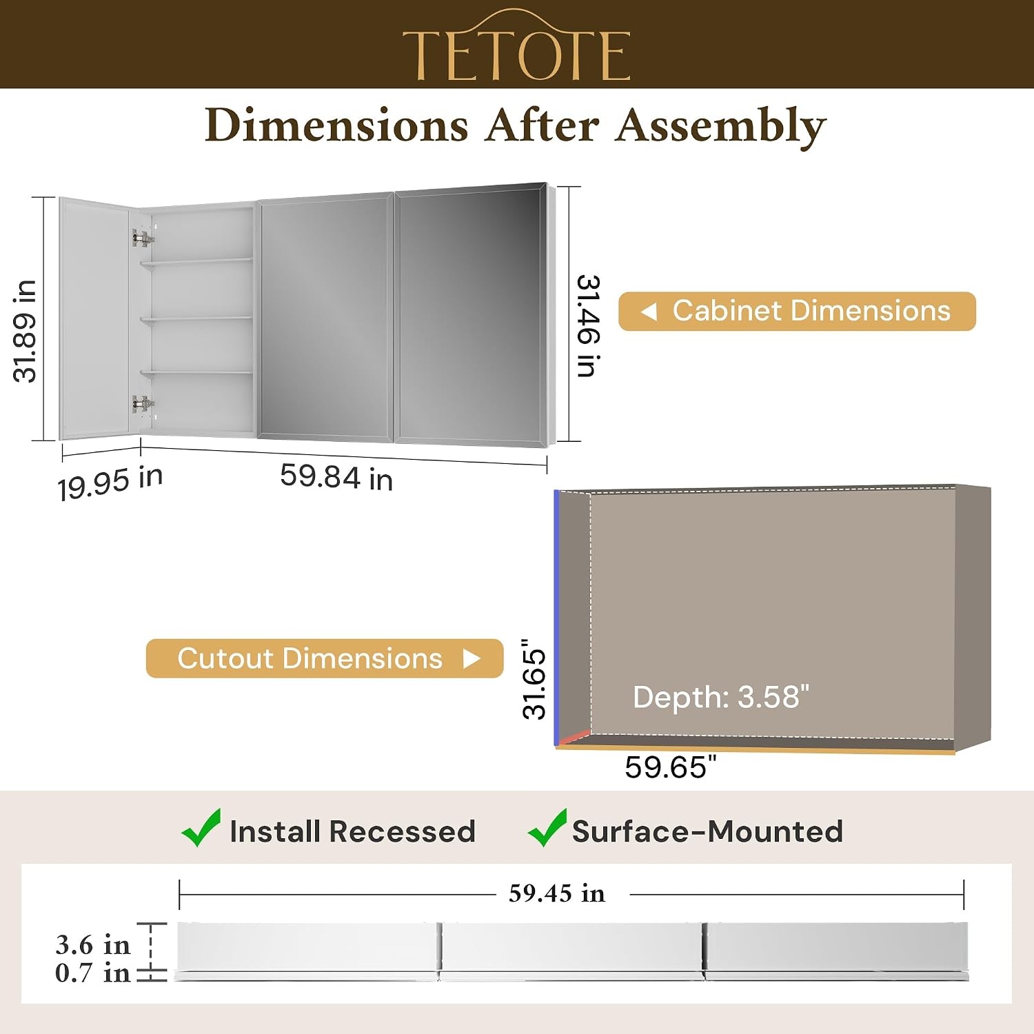 Thumbnail 1 de TETOTE 60 x 32 Medicine Cabinet with Tempered Beveled Mirror
