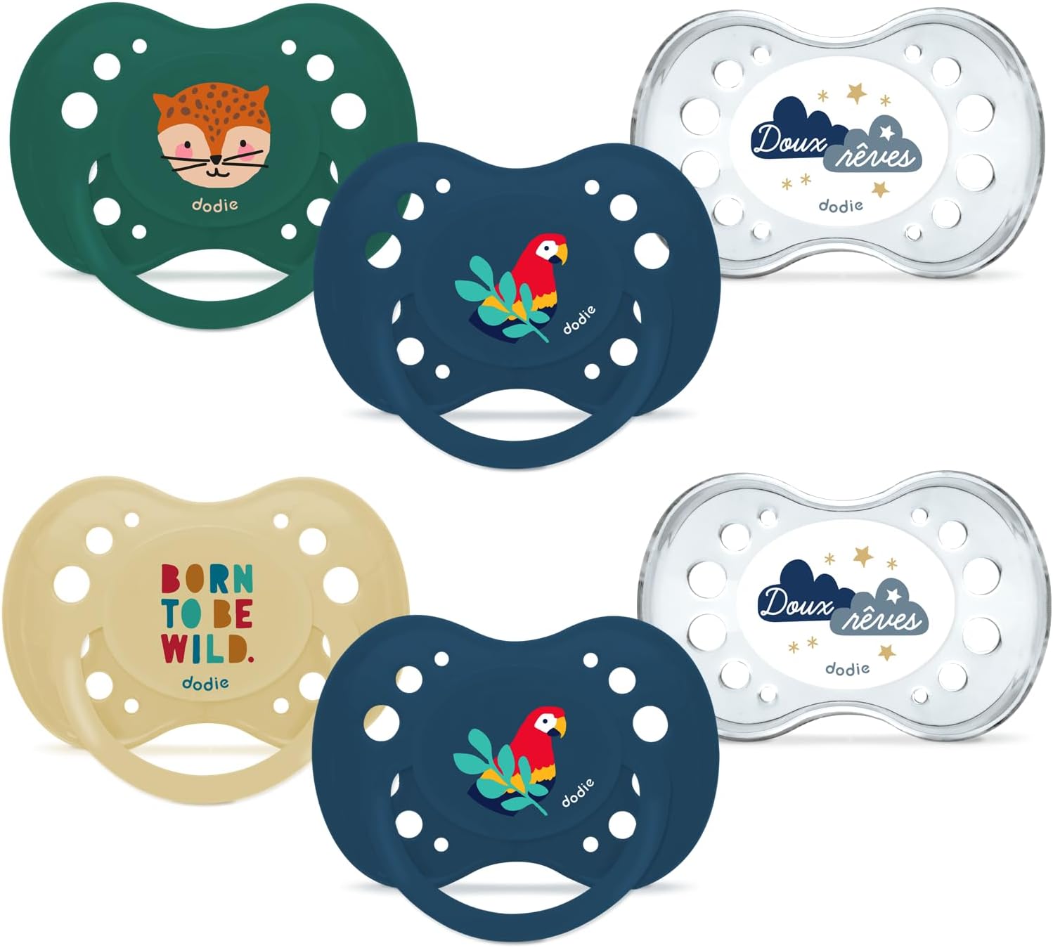Detalle de Lot de 6 sucettes anatomiques Dodie ESSENTIEL jour/nuit +18 mois (bleu) – forme réversible