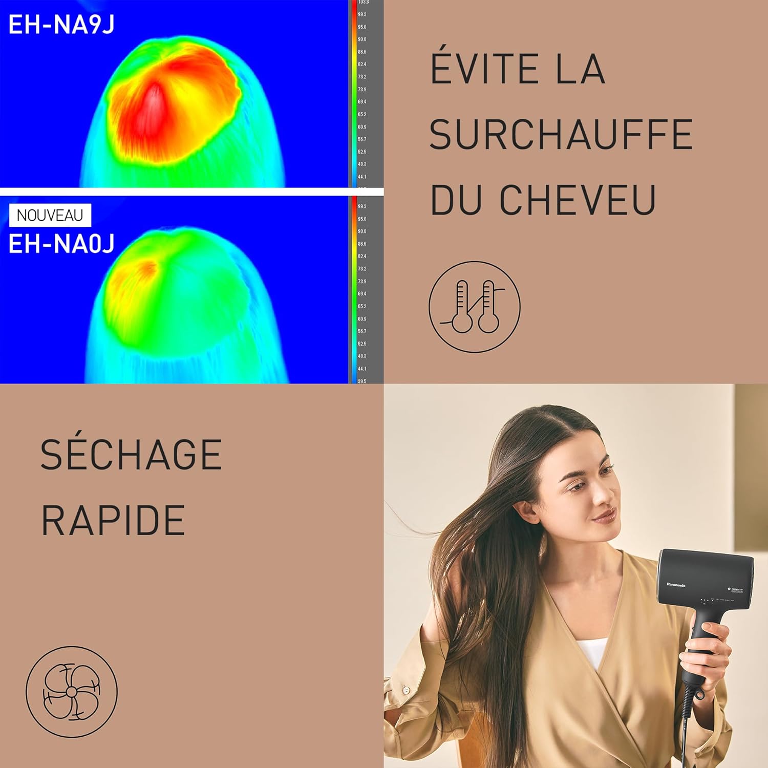 Thumbnail 3 de Panasonic EH-NA0J Nanoe MOISTUR E+ Minéral — Sèche-cheveux 1600 W noir, chaud/froid et embout concentrateur + diffuseur