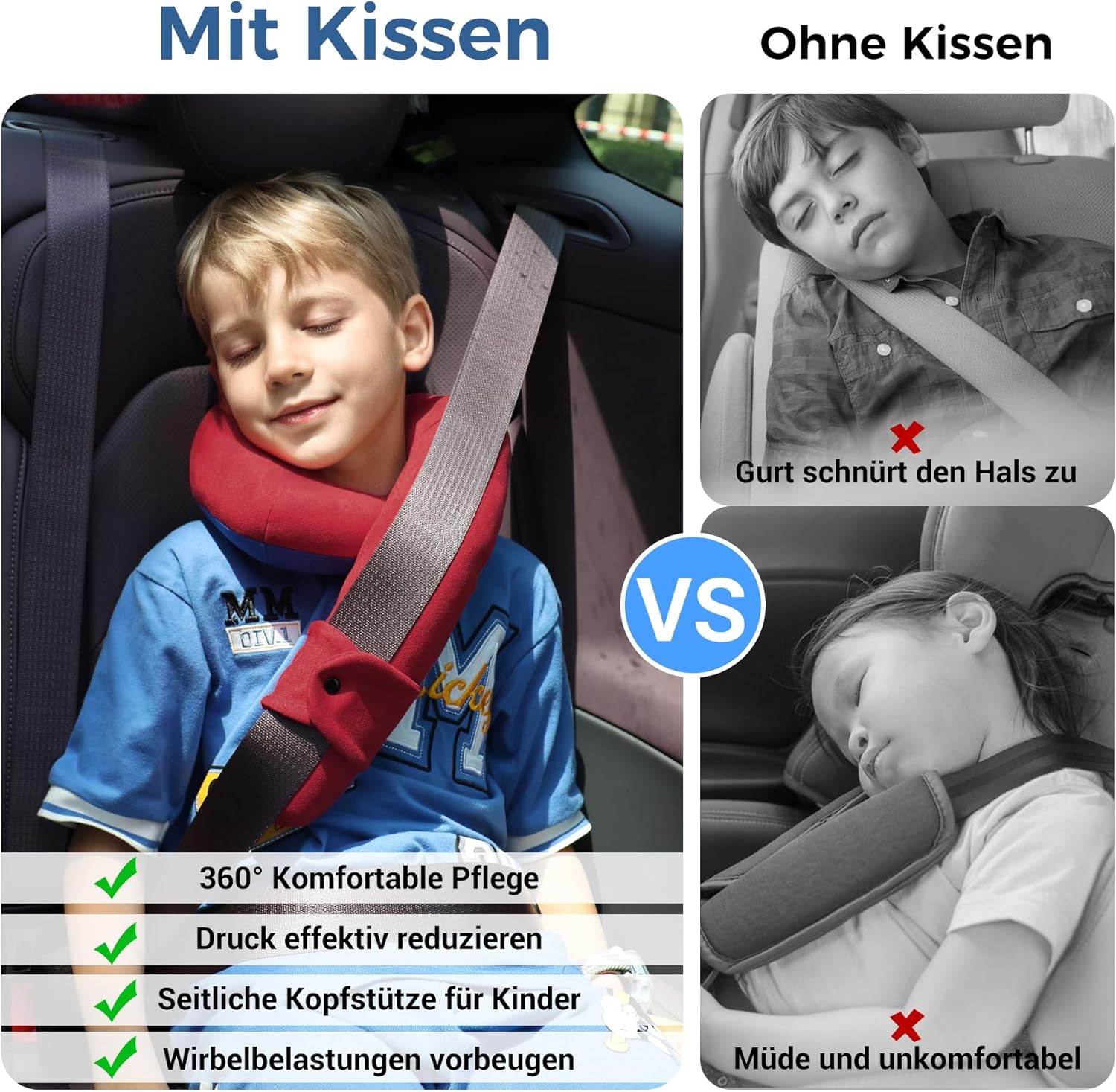 Detalle de INFANZIA Kinder Reisekissen – Weiches Nackenkissen für Reisen (Rot-Blau) für Kleinkinder ab 3 Jahren