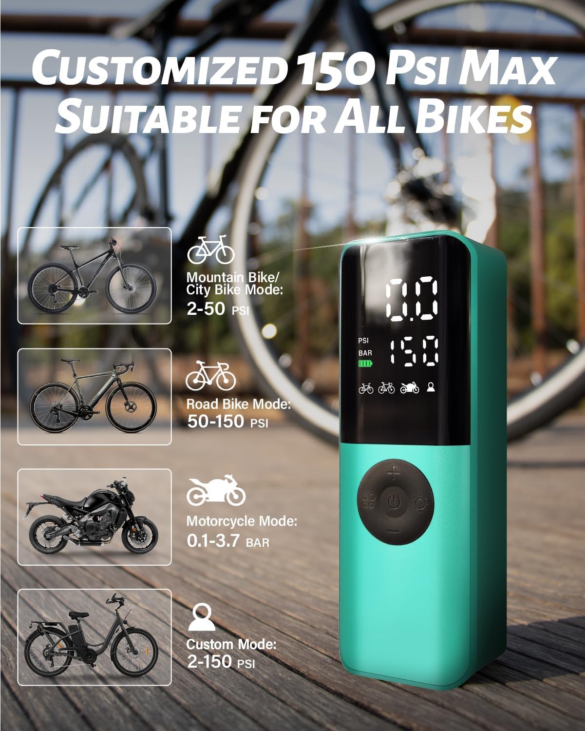 Thumbnail 3 de GPUTEK Electric Bike Pump with Digital Gauge — 150 PSI, Portable, All-Valve Compatibility