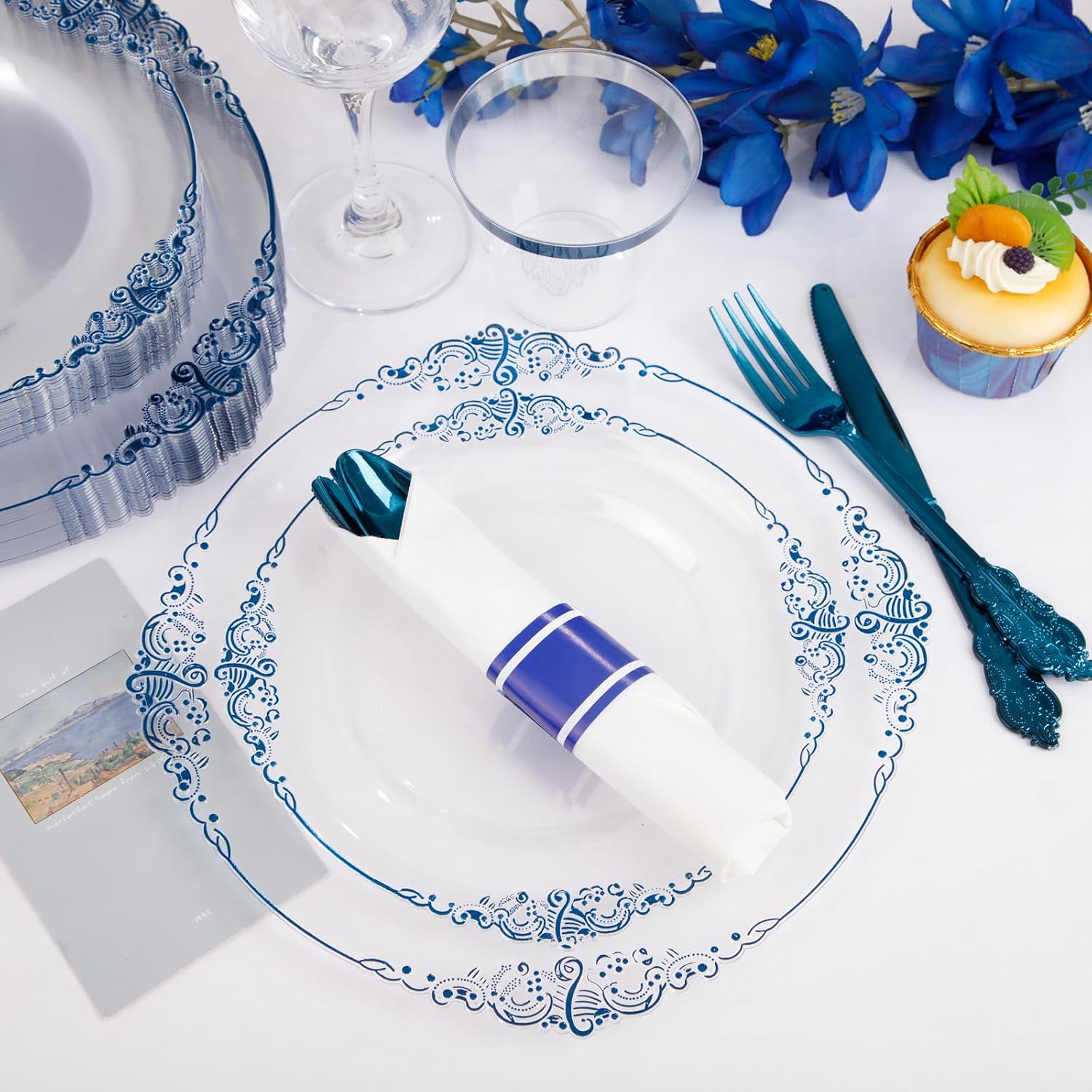 Thumbnail 6 de Hioasis 350pcs Clear Blue Plastic Plates — Elegant Disposable Dinnerware Set for 50 Guests