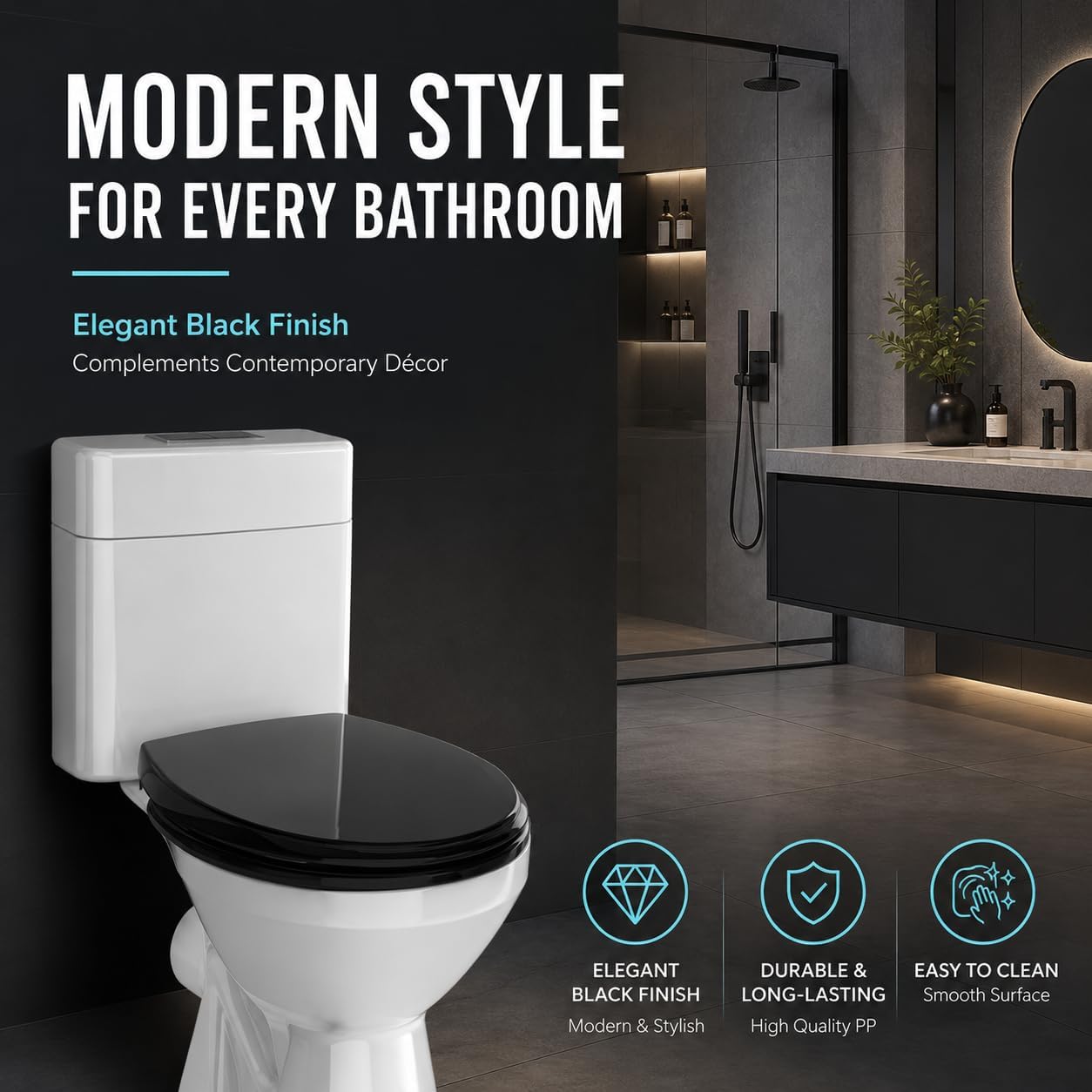 Detalle de Meydrdou CCP004 Black Round Toilet Seat with Soft-Close PP Lid
