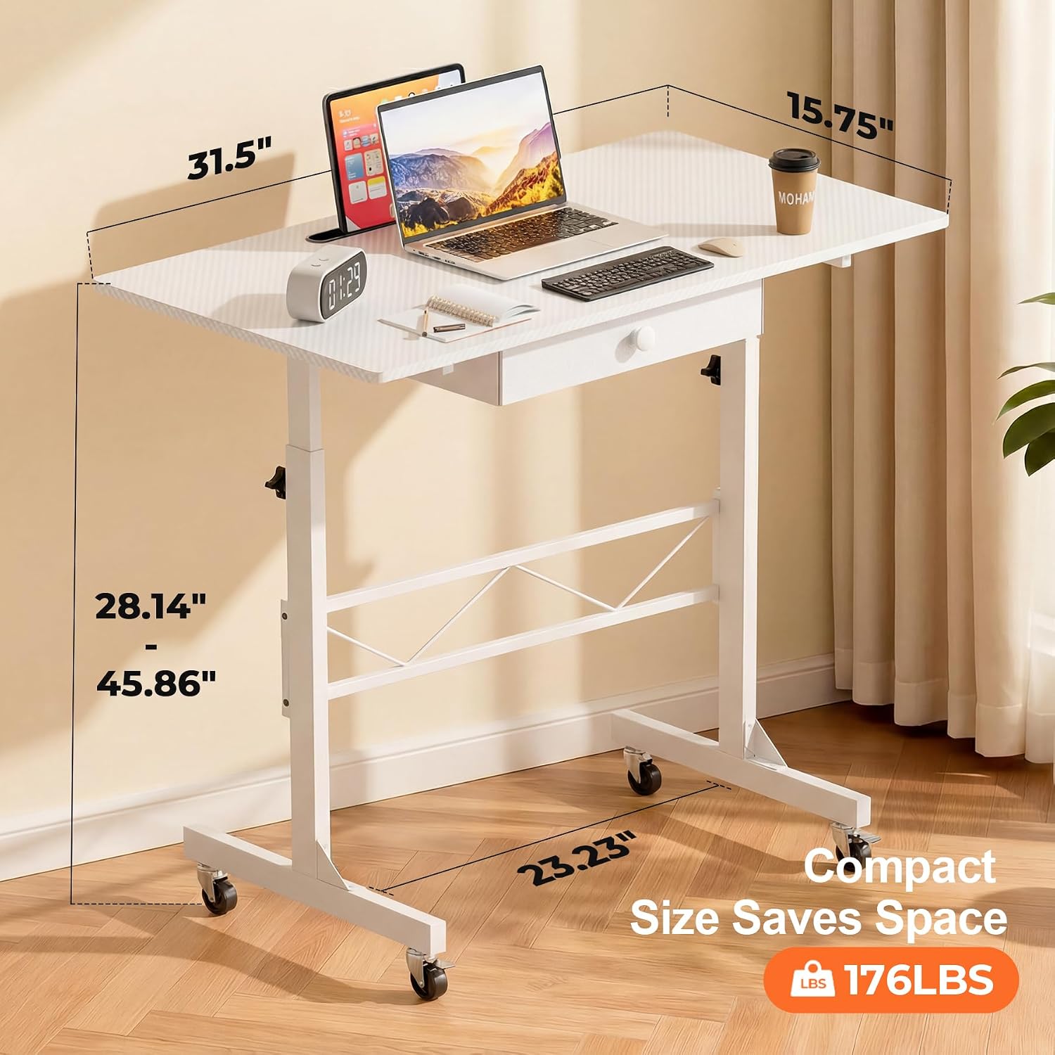 Thumbnail 1 de COMHOMA CO-DH004 Small Standing Desk with Drawer, 4 Heights and Lockable Wheels