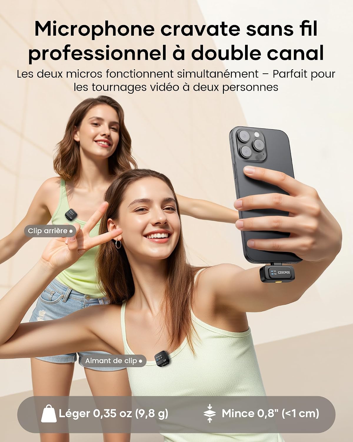 Thumbnail 6 de CZOCPOS Micro Cravate Sans Fil pour iPhone/iPad/Android — kit double micro avec réduction de bruit et autonomie longue