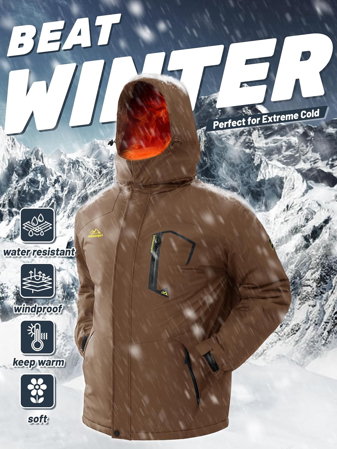 Thumbnail 5 de TACVASEN Men’s Winter Skiing Jacket with Hood, Water-Resistant Fleece Insulation