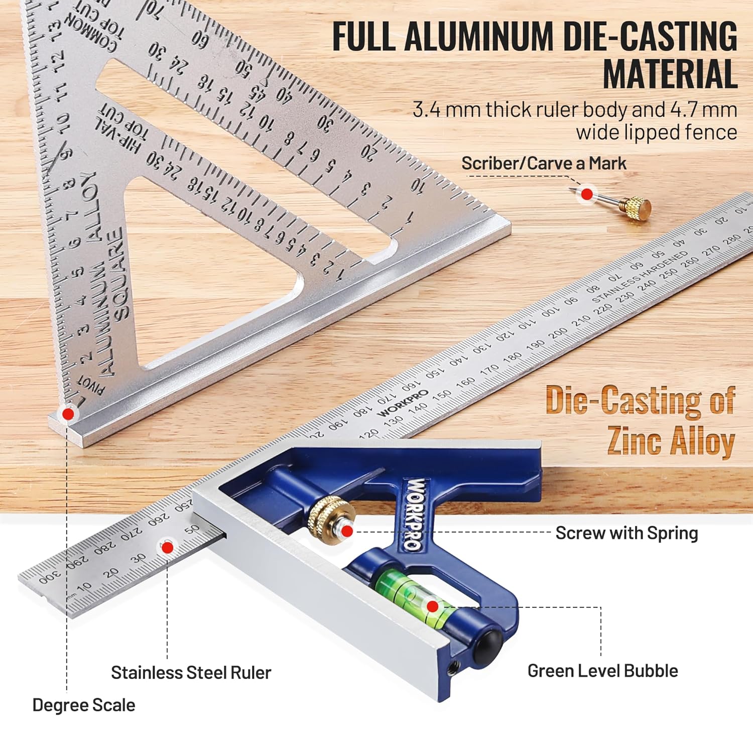 Detalle de WORKPRO 180 mm Speed Square and 300 mm Combination Square Set