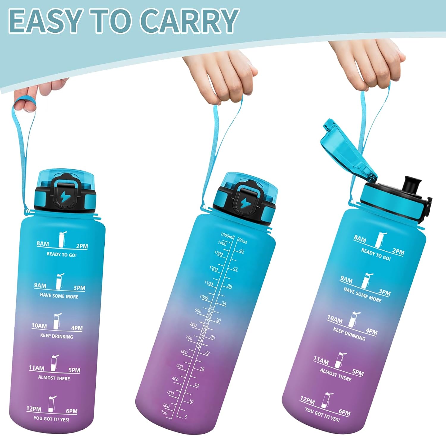 Detalle de Motswedi Gourde sport 1,5 l anti-fuite avec marqueur de temps (motivation) Bleu & Violet