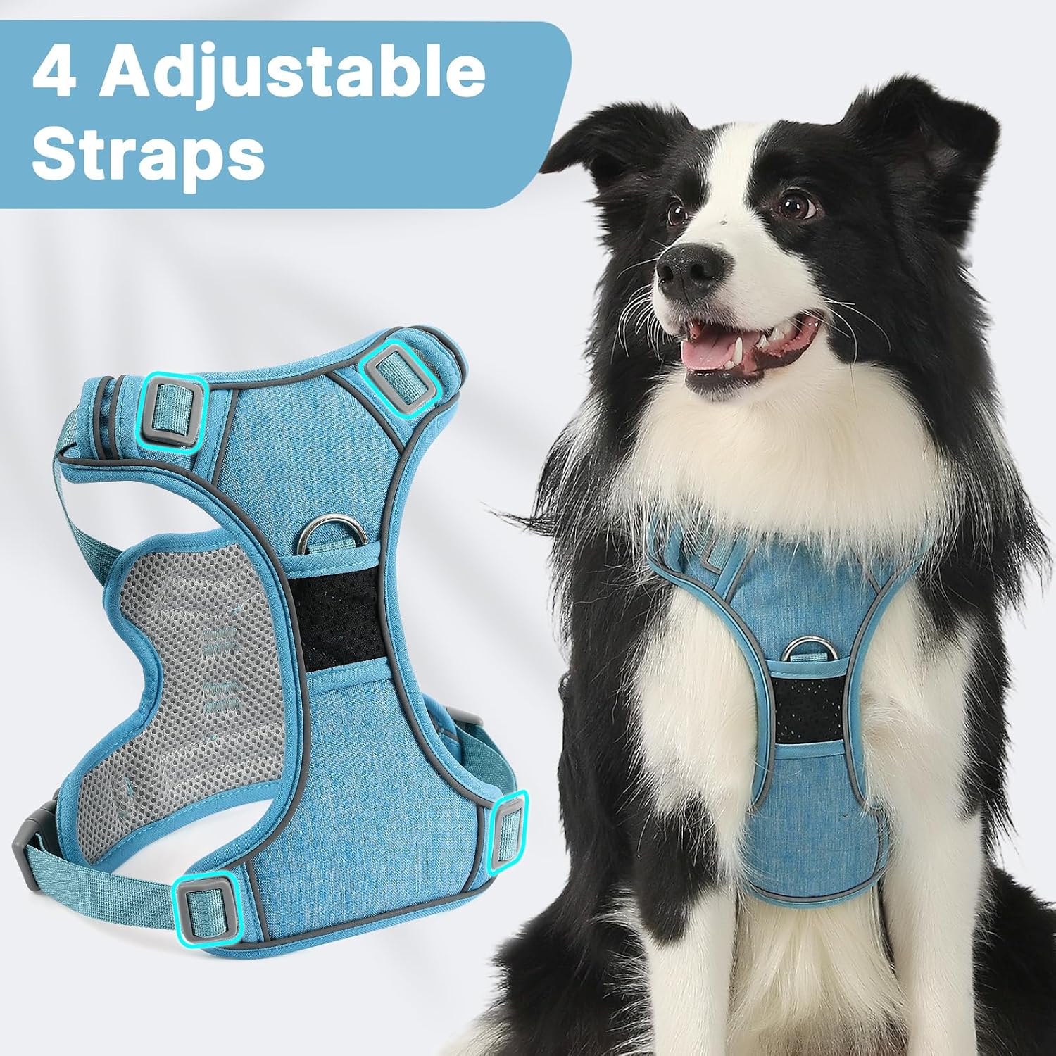 Thumbnail 4 de Belababy Medium Dog Harness (Anti Pull) with Soft Padded Handle, Reflective Straps – Light Blue, Size M