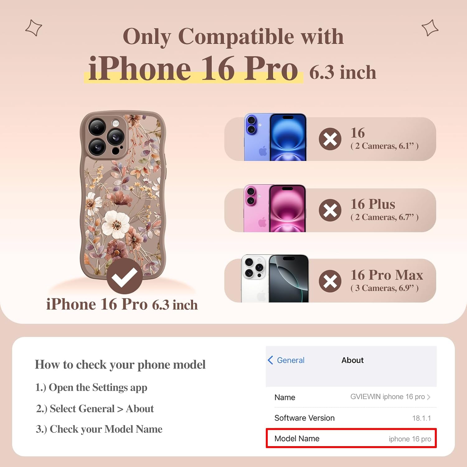 Thumbnail 1 de GVIEWIN iPhone 16 Pro Case (6.3-inch, 2024) with MagSafe Magnetic Ring, Floral Translucent Shockproof Protection