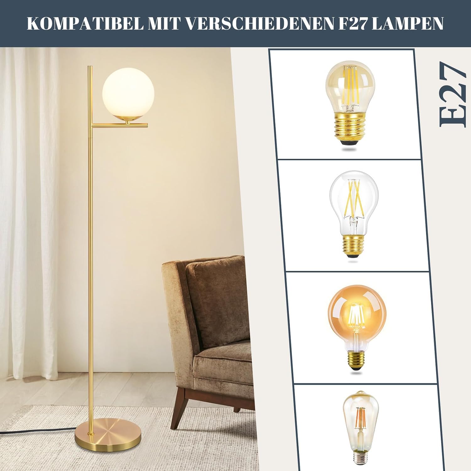 Thumbnail 6 de ZMH Lampadaire moderne pour salon — 3 ampoules E27, design doré et boule de verre