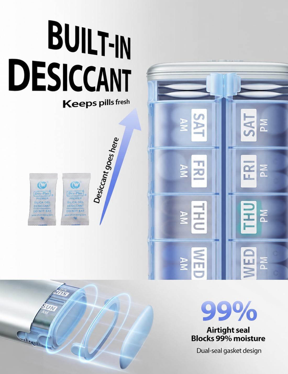 Detalle de Vaydeer PB1024 Metal 7-Day Pill Organizer, 14 Compartments, Built-In Desiccant
