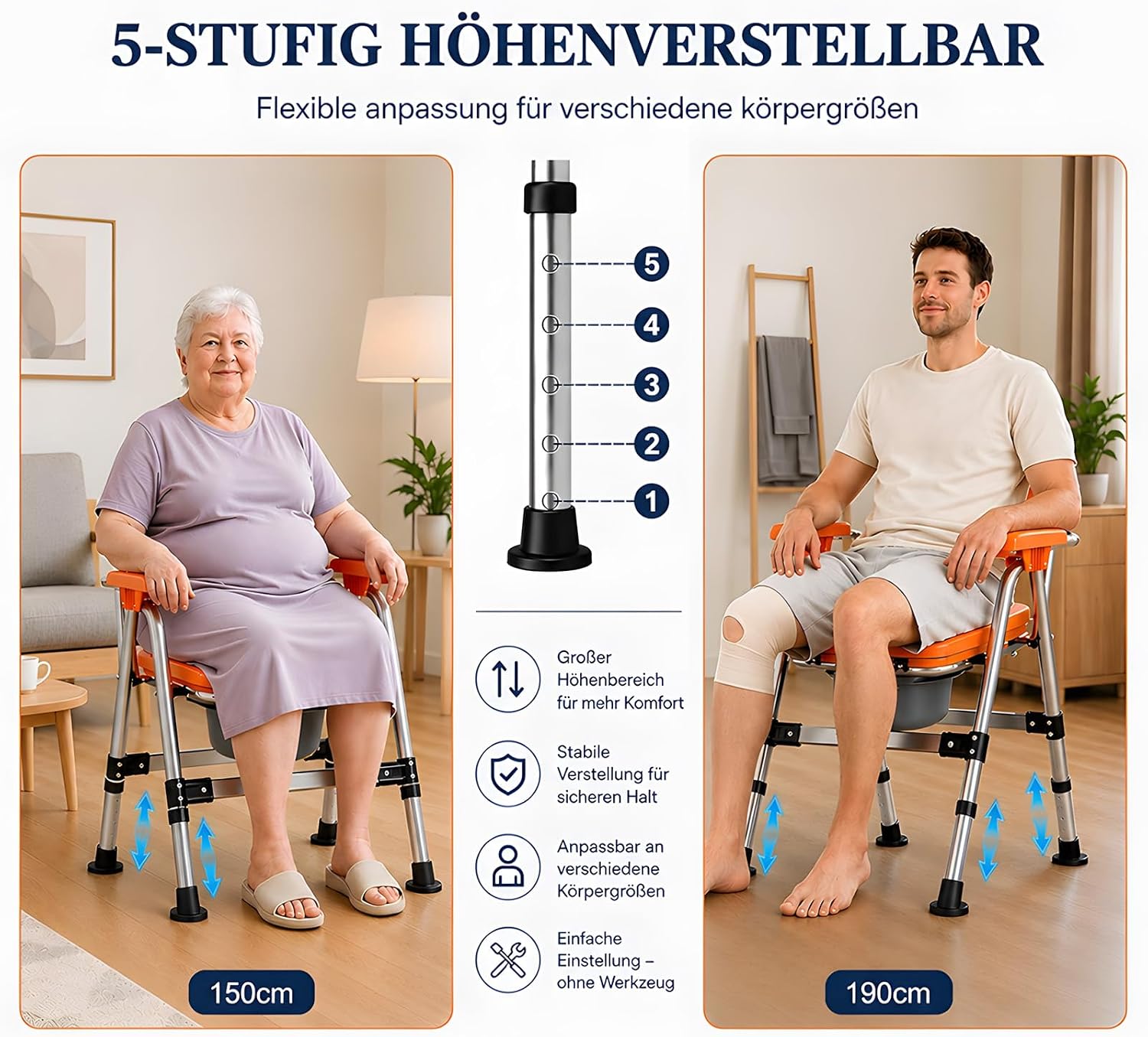 Detalle de HAIORJUN Toilettenstuhl Klappbar für Senioren – höhenverstellbar, mit Armlehnen und herausnehmbarem Eimer
