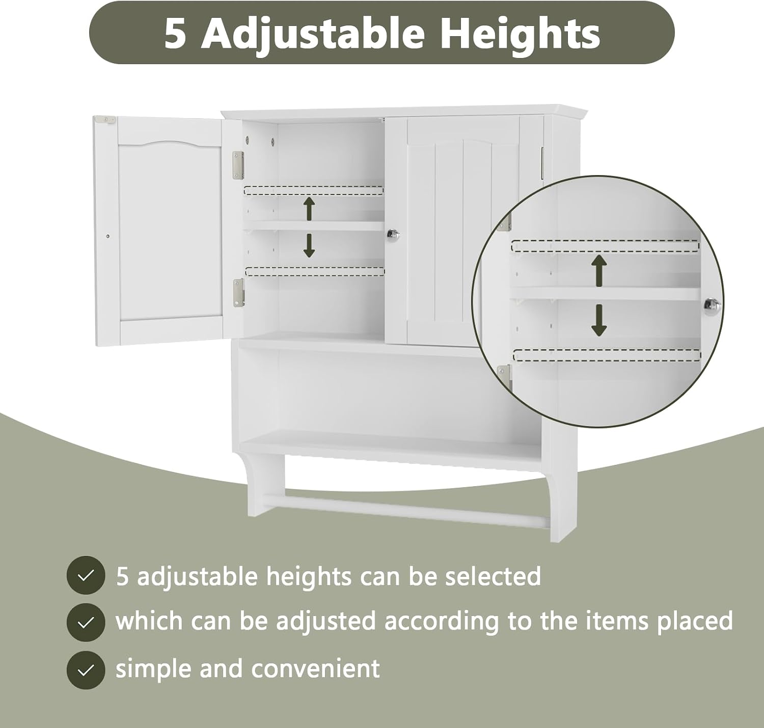 Detalle 2 de Smuxee bathroom wall cabinet with towel bar, adjustable shelves and 2 doors