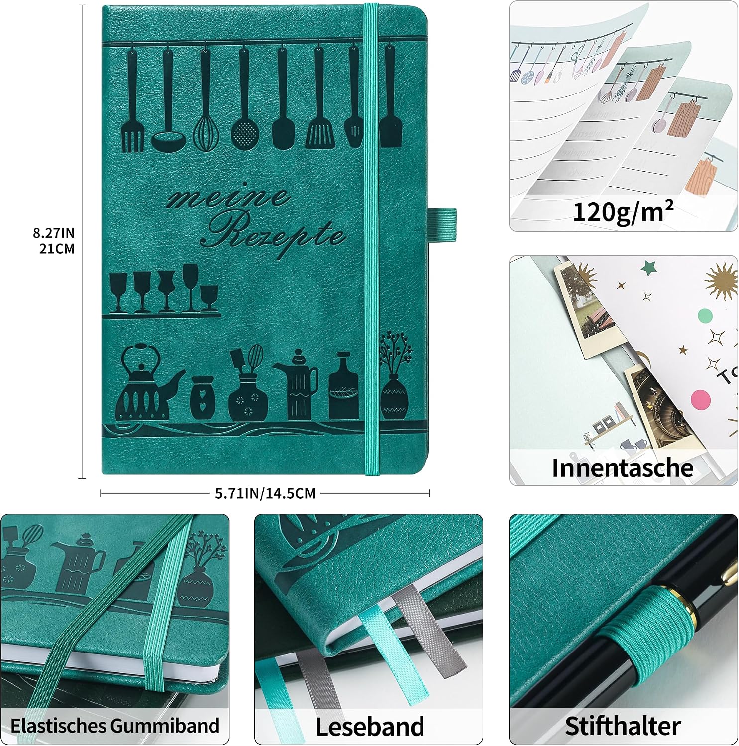 Detalle 2 de Rezeptbuch A5 zum Selberschreiben „Meine Lieblingsrezepte“ – DIY Koch- & Backbuch zum Ausfüllen (Seeblau)