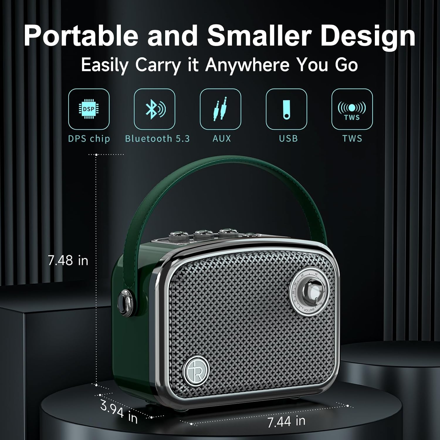 Thumbnail 3 de TOMPROAD Altoparlante Bluetooth portatile in stile vintage, verde – design retrò, maniglia e griglia in metallo