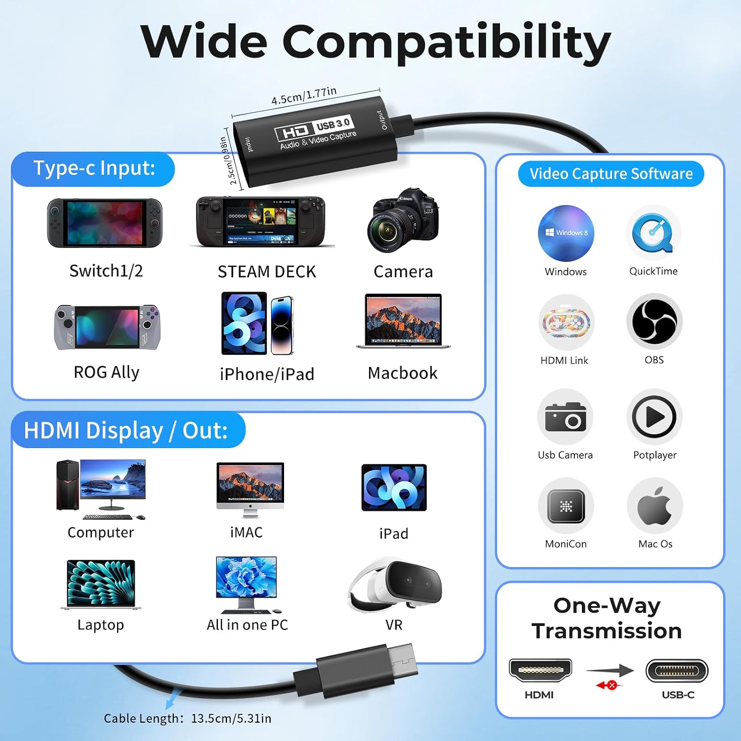 Detalle de Guermok Video Capture Card: USB 3.0 HDMI to USB-C with 4K/1080p60 Capabilities