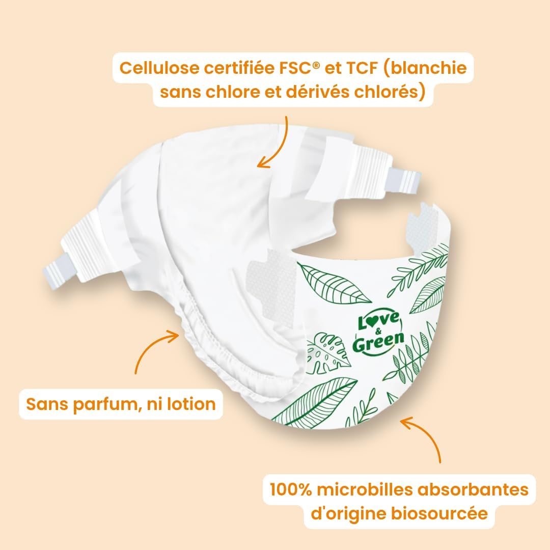 Detalle de Love & Green Couches Bébé Saines et Écologiques – Taille 3 (4-9 kg) – Pack 1 Mois (208 couches)