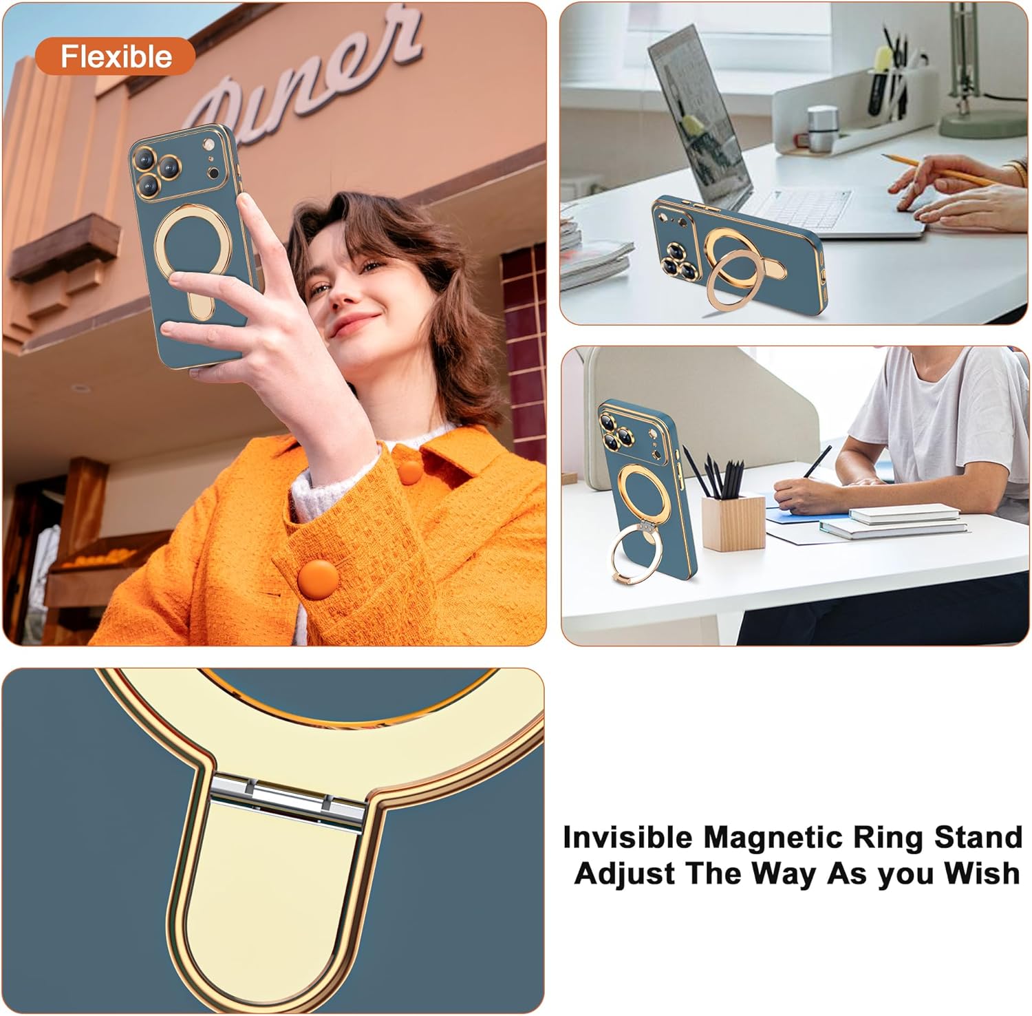 Thumbnail 1 de ETPESOK Compatible iPhone 17 Pro Max Case with Magnetic Ring Stand (Mag-Safe) and Full Camera Lens Protector, Grey Blue