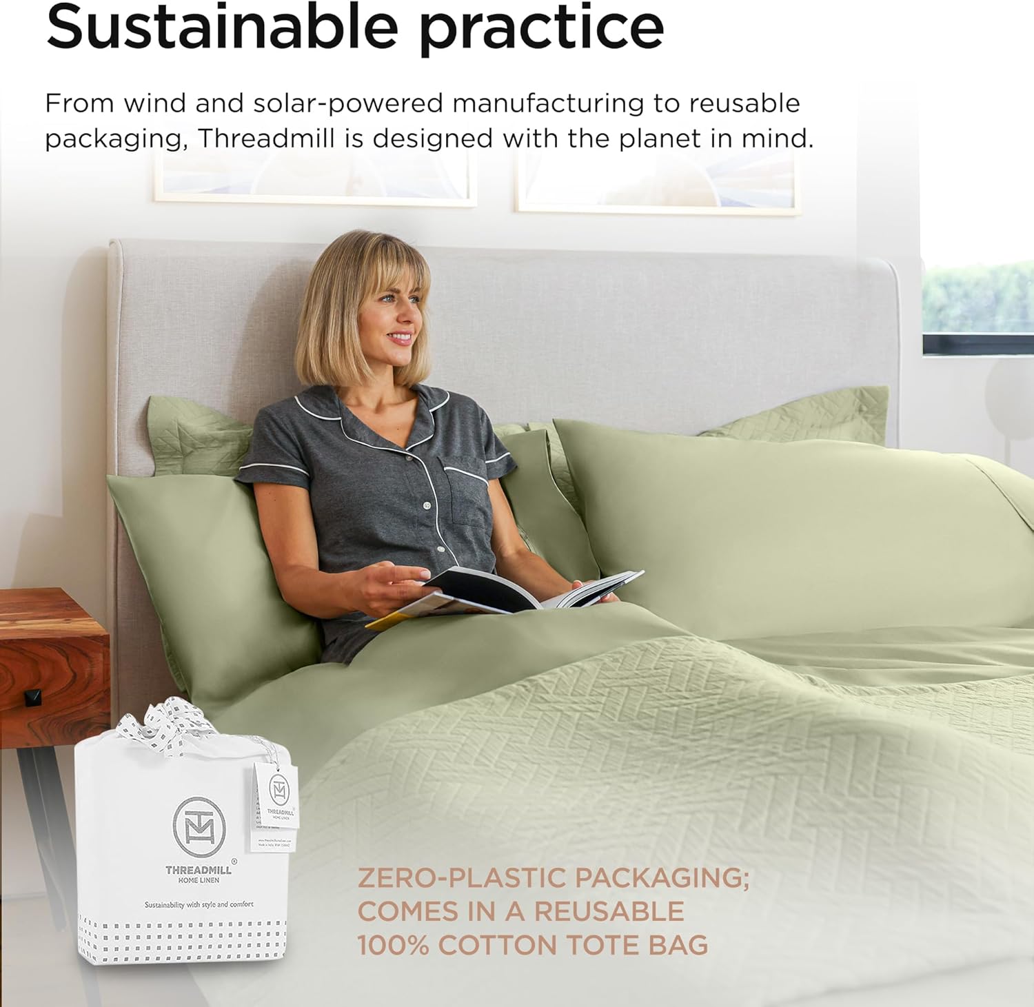 Detalle 2 de Threadmill 100% Cotton Queen Sheets Set with 600 Thread Count in Sage Green