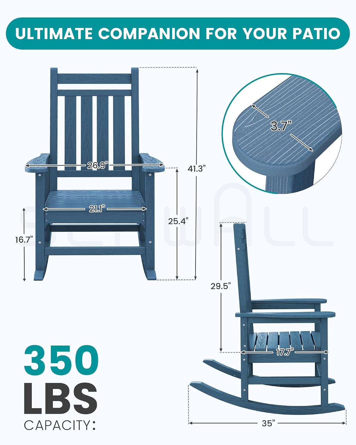 Detalle de SERWALL A041-088 Outdoor Rocking Chair Set of 2, Blue HDPE