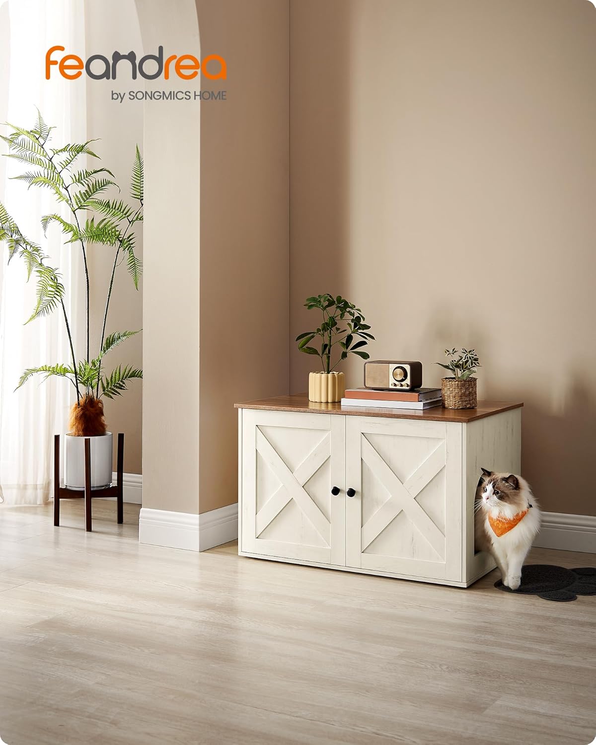 Detalle 2 de Feandrea Katzenhaus Katzenklo-Schrank mit herausnehmbarer Trennwand, 80 x 53 x 50 cm – honigbraun-vintageweiß (PCL002P01V1)