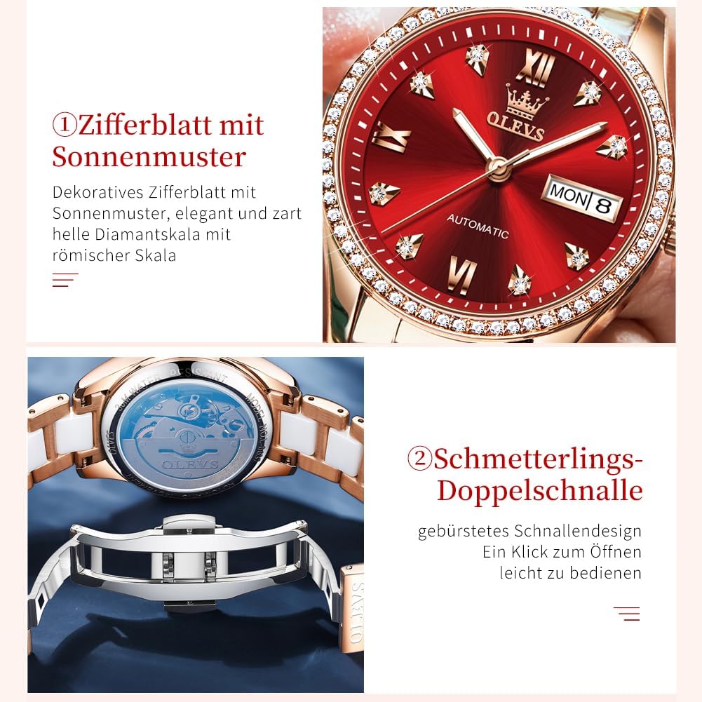 Detalle de OLEVS Damen Automatik-Quarz-Uhr Diamant-Lünette, Zwei-Ton Armband aus Edelstahl & Keramik, 30 m wasserdicht