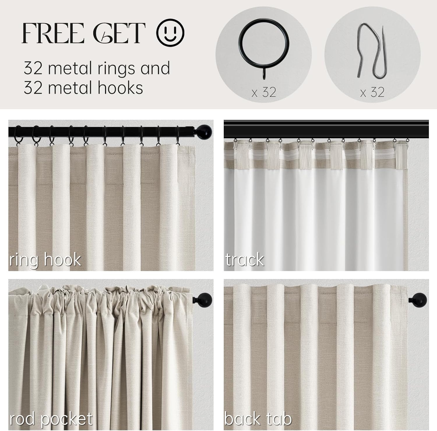 Thumbnail 4 de Topfinel Linen Blackout Curtains (96 Inch Long) — Boho Farmhouse Ivory Birch Pinch Pleated, 2 Panels
