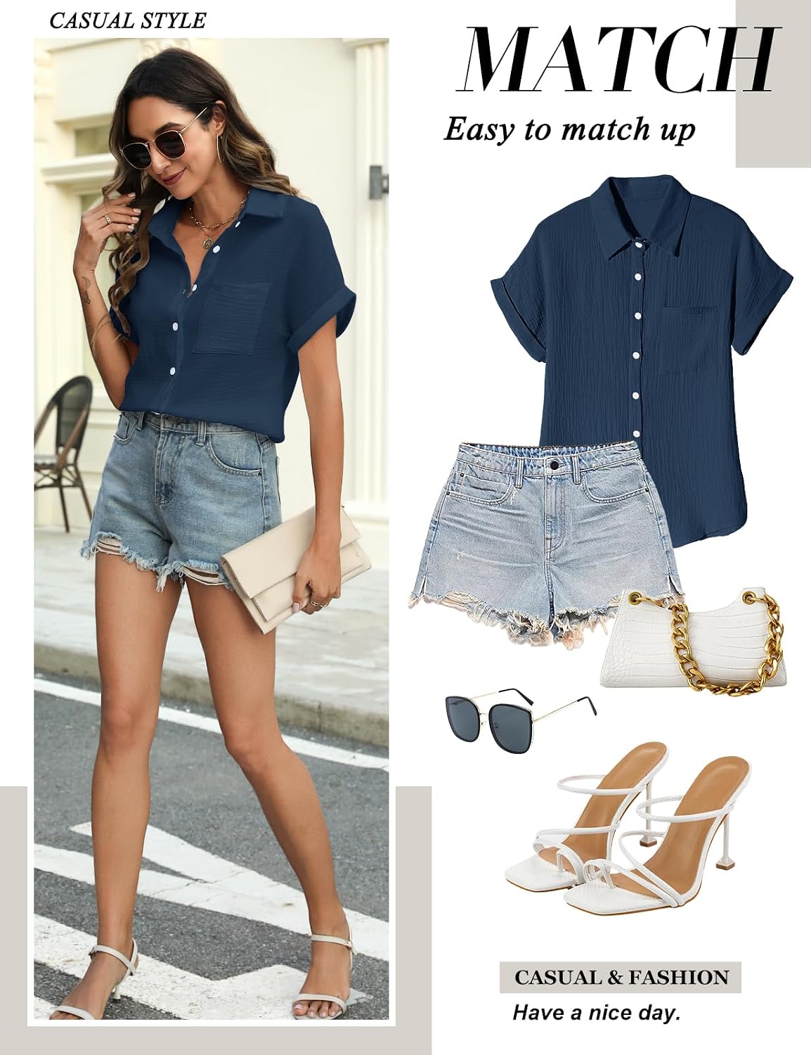 Thumbnail 6 de PASUDA camicia donna estiva in cotone con scollo a V e bottoni, manica corta casual elegante
