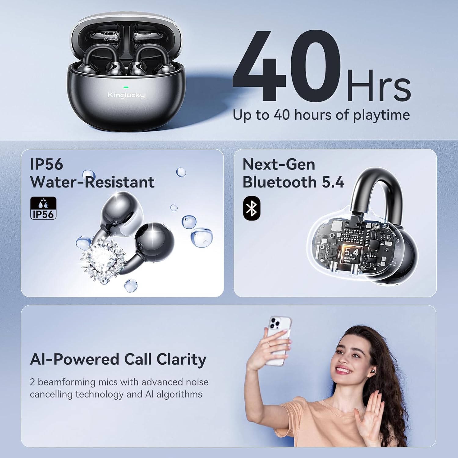 Thumbnail 4 de Kinglucky Jewelry-Inspired Clip-On Open-Ear Bluetooth Earbuds with Removable Crystal Earrings (Black)