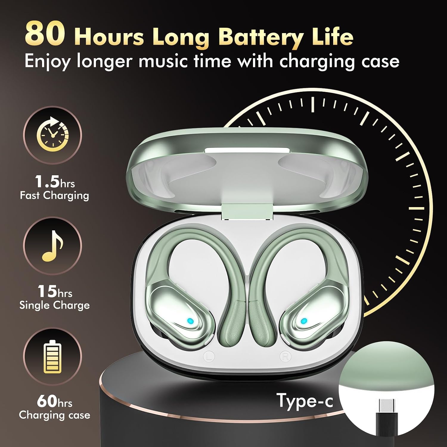 Detalle 2 de HAOYUYAN BX17 Sports Bluetooth Earbuds, IPX7, LED Display, 80-Hour Playtime