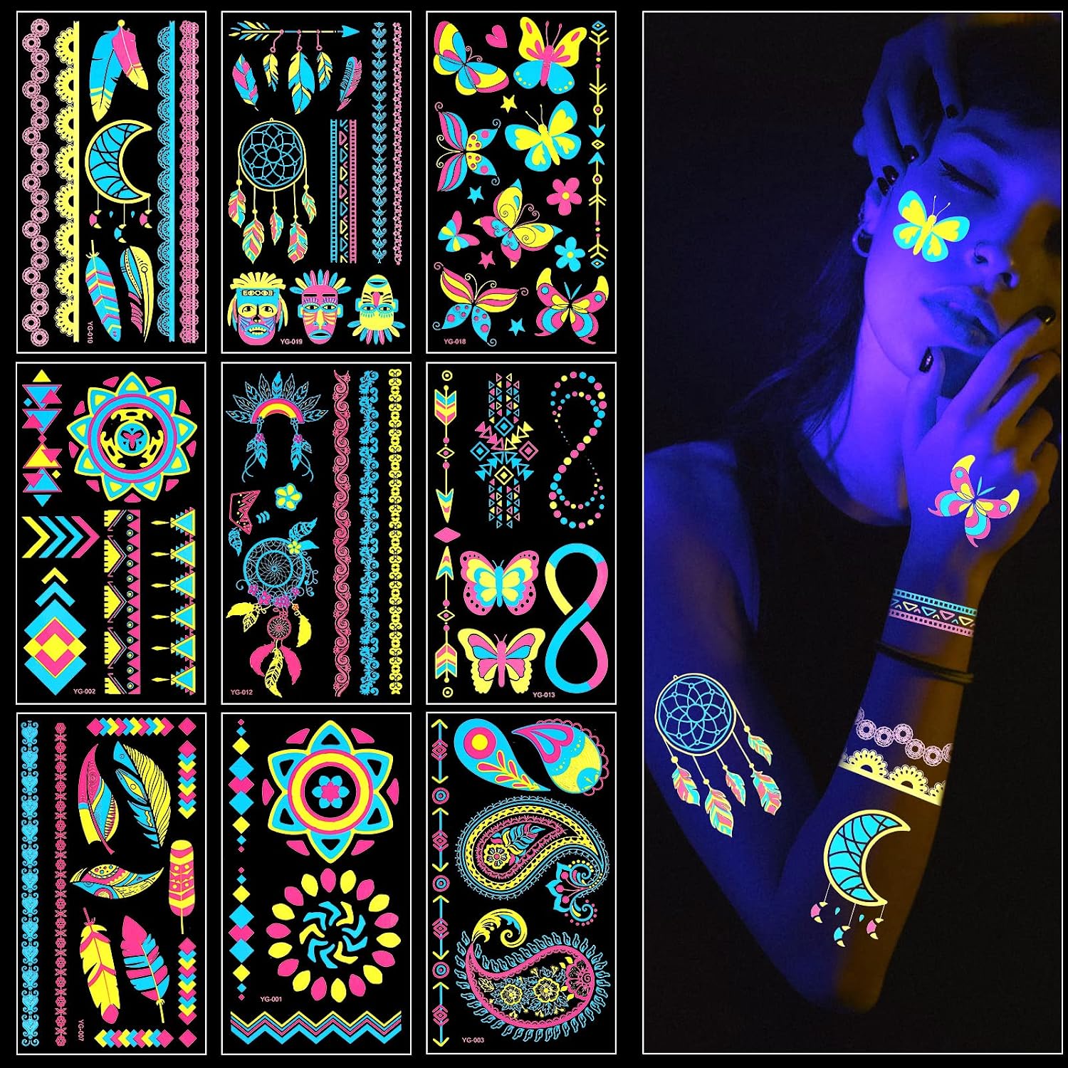 Detalle de ACWOO neontattoos, 200+ ontwerpen met UV-gloed en waterbestendige stickers