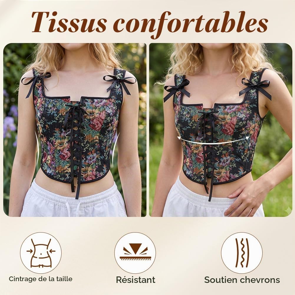 Detalle 2 de AUYAO vintage kanten bustier met bloemenpatroon en verstelbare bandjes
