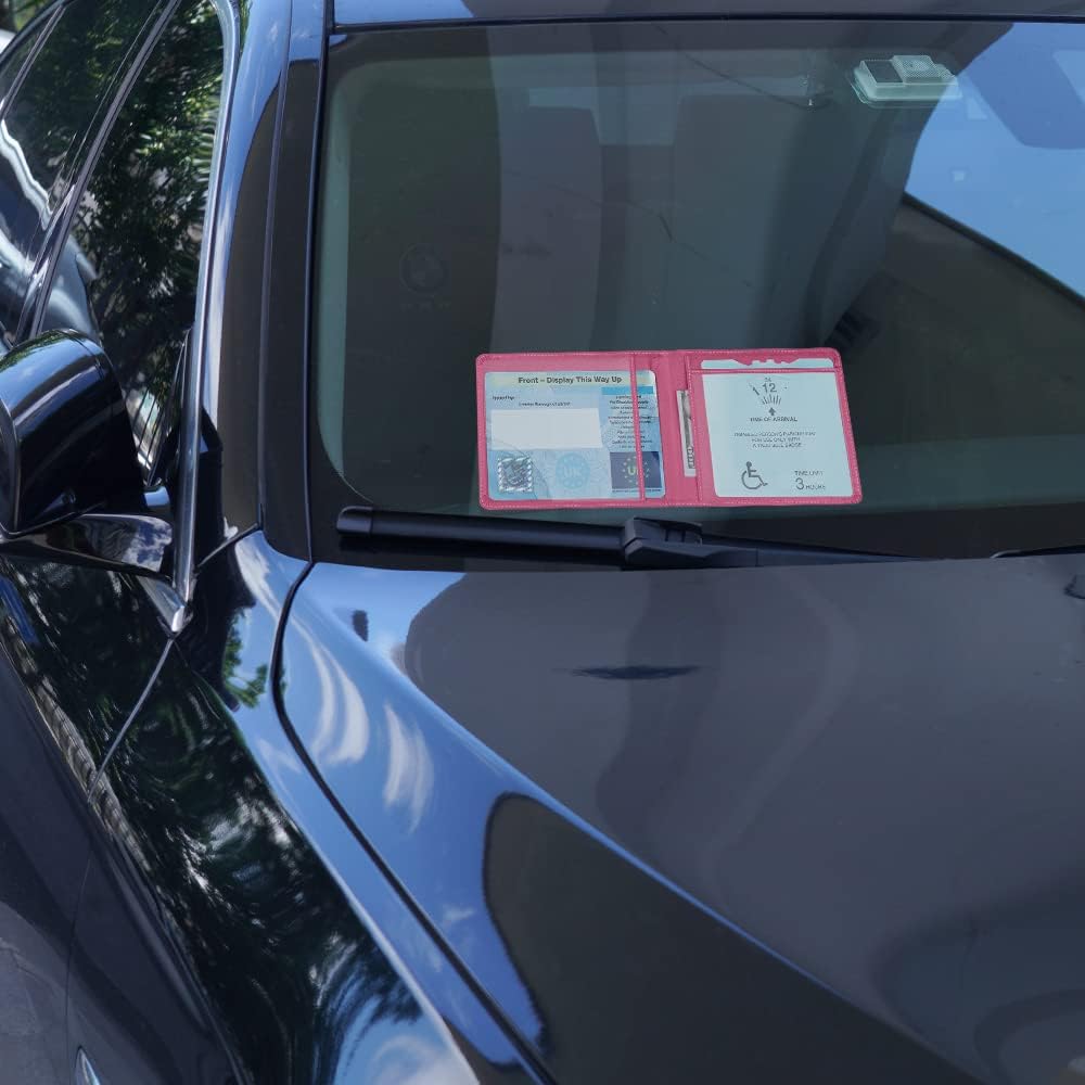 Detalle 1 de OFFCUP Disabled Badge and Timer Holder in PU leather-effect (Blue Badge + timer) – Rose Red hologram-safe design