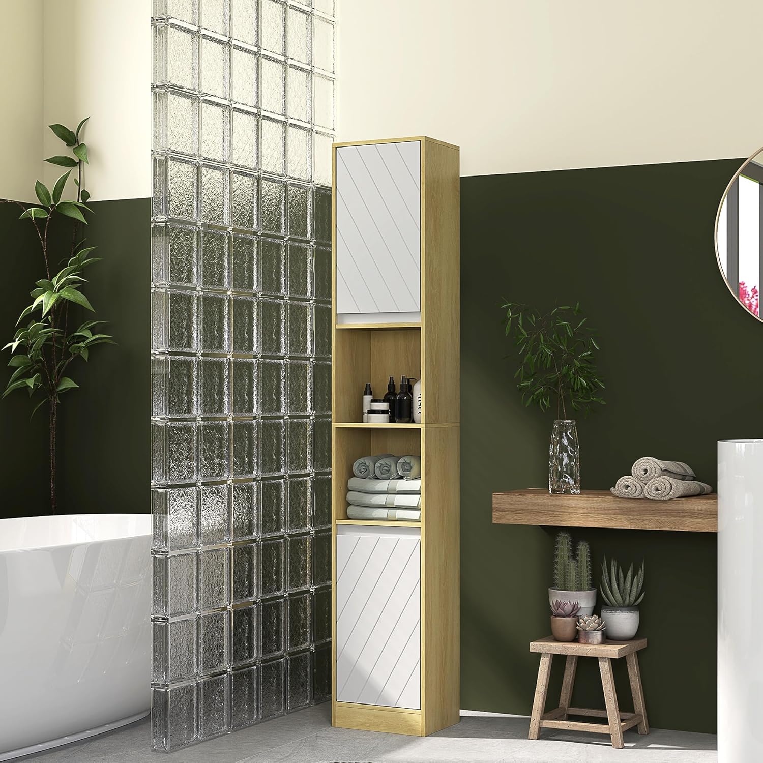 Detalle 2 de HOMCOM Meuble Colonne Salle de Bain à 6 Niveaux – rangement étroit 30 × 24 × 170 cm en chêne et blanc