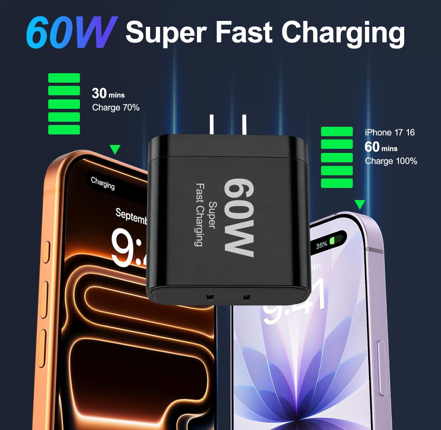 Thumbnail 1 de iPhone 17 Charger: 45W Dual-Port USB-C Fast Charger with 10ft Cable