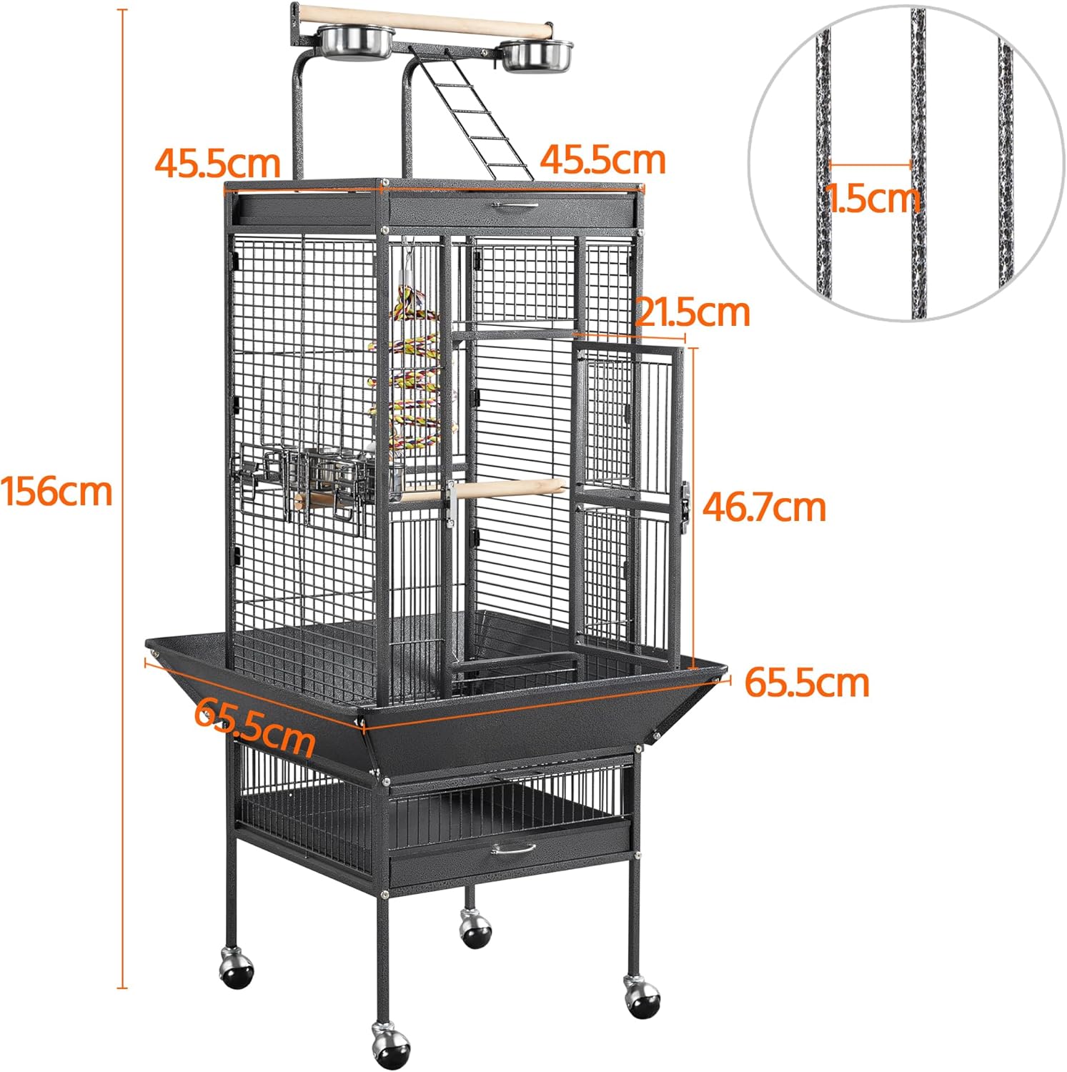 Detalle 2 de Yaheetech Gabbia Voliera per Uccelli Grande con Piedistallo e Ruote 65,5 x 65,5 x 156 cm Nera