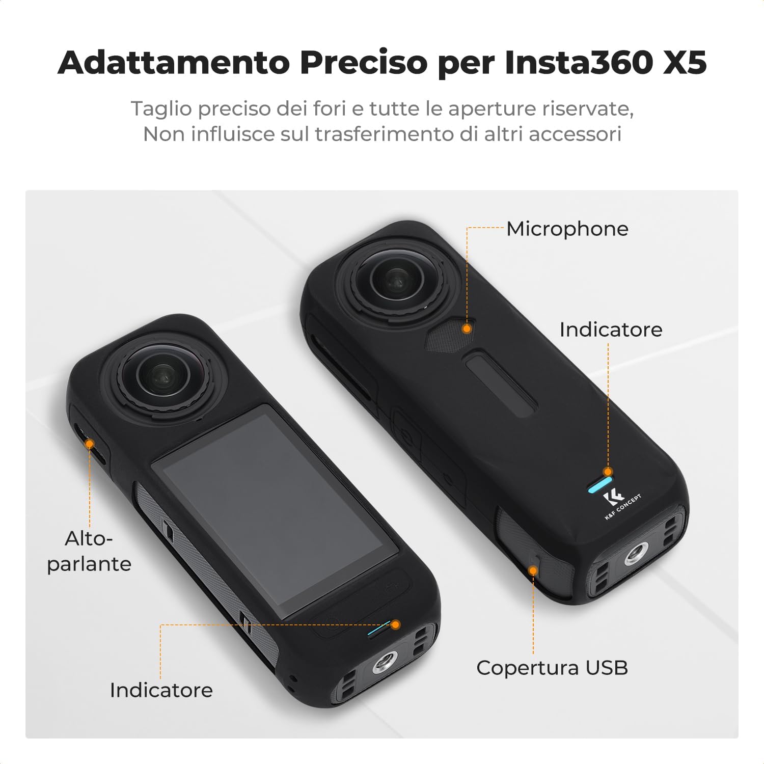 Detalle de K&F Concept Custodia in Silicone Nero per Insta360 X5 – protezione morbida con copriobiettivo incluso