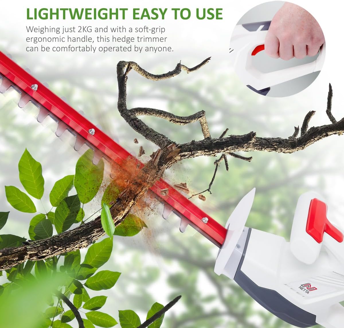 Thumbnail 6 de NETTA Cordless Hedge Trimmer & Tree Trimmer (Ultra-Light 2kg) with 450mm Laser Blade, 16mm Tooth Opening
