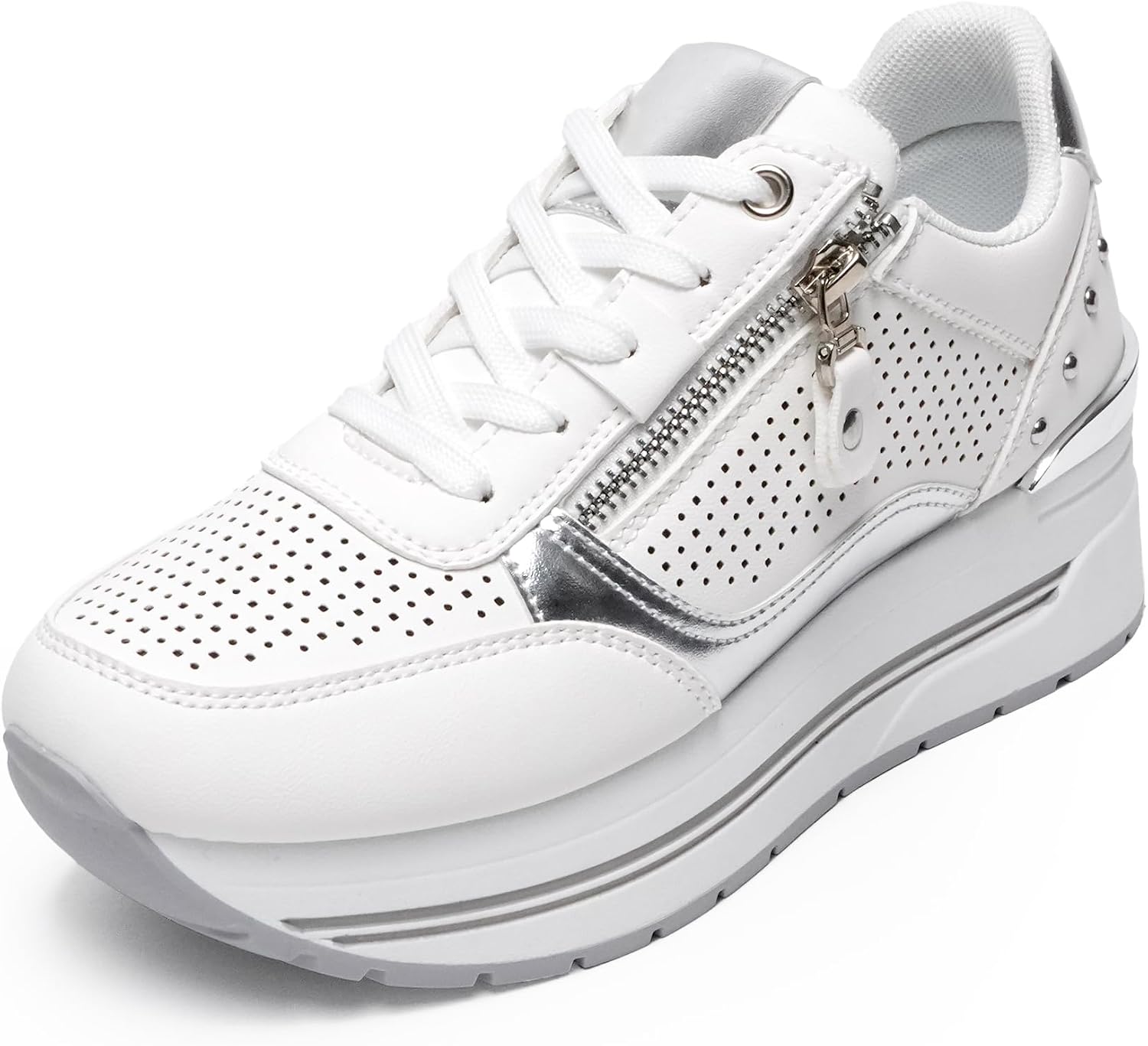 Detalle de JOMIX damessneakers met veters, plateauzool en gouden details