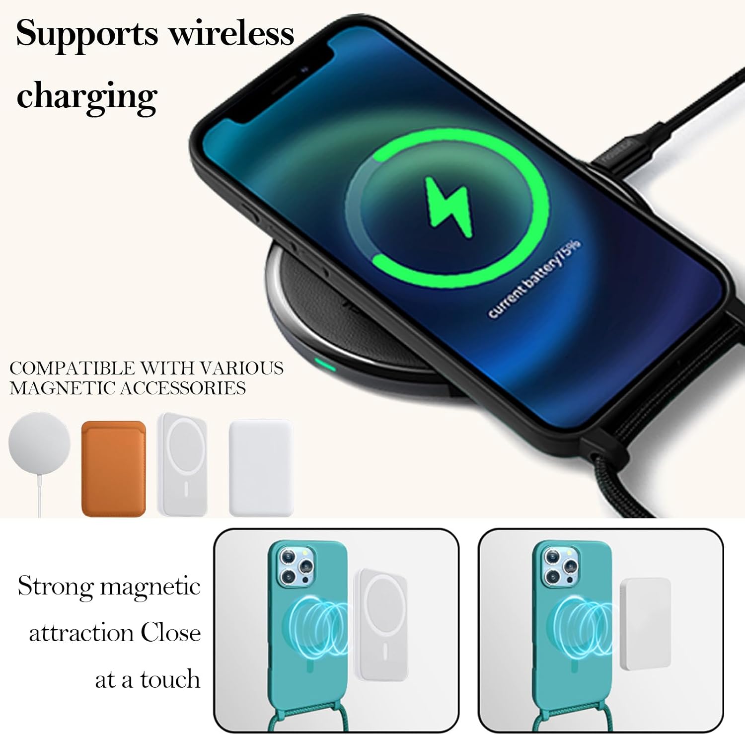 Detalle de YANJIEER Magnetische Hülle mit Umhängekordel für Samsung Galaxy S21 FE – Dünn, Silikon, MagSafe-kompatibel, Schwarz