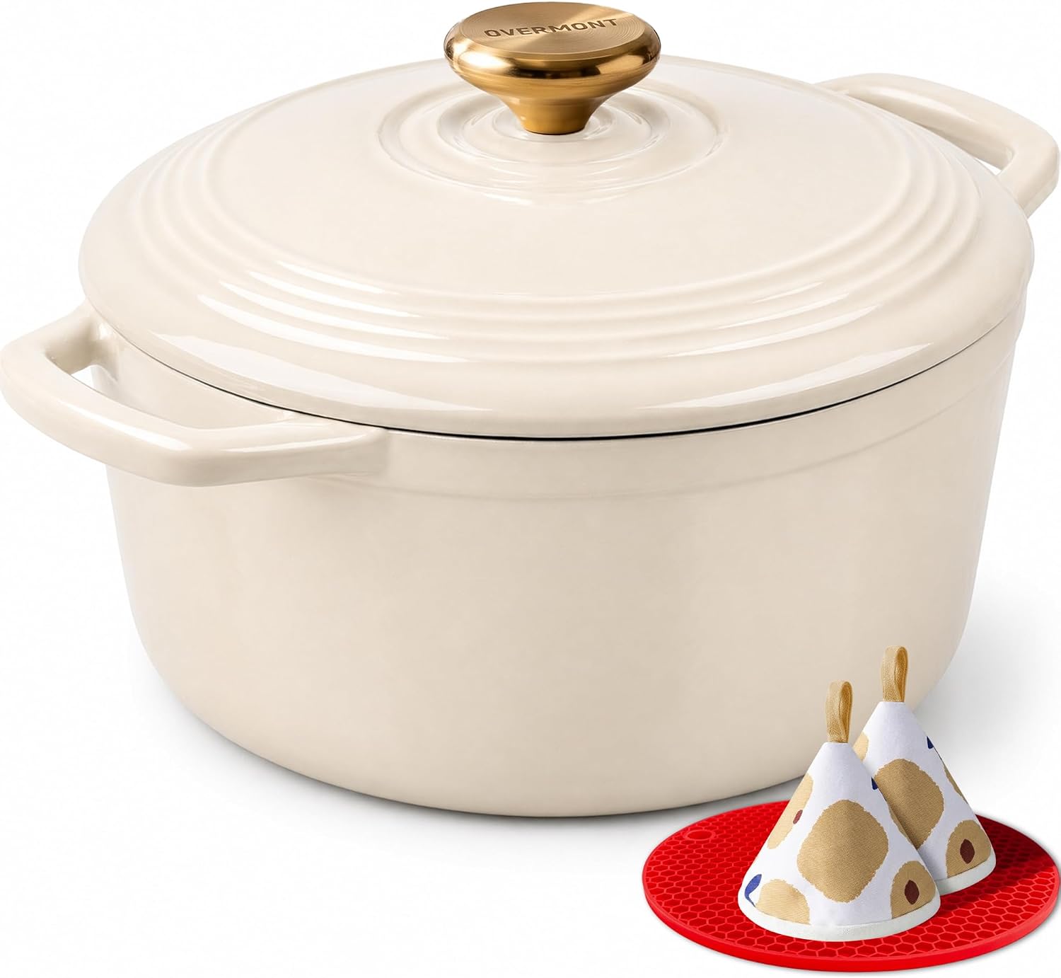 Detalle de Overmont Enameled Cast Iron Dutch Oven (5.5QT) with Lid, Cookbook & Cotton Potholders — White