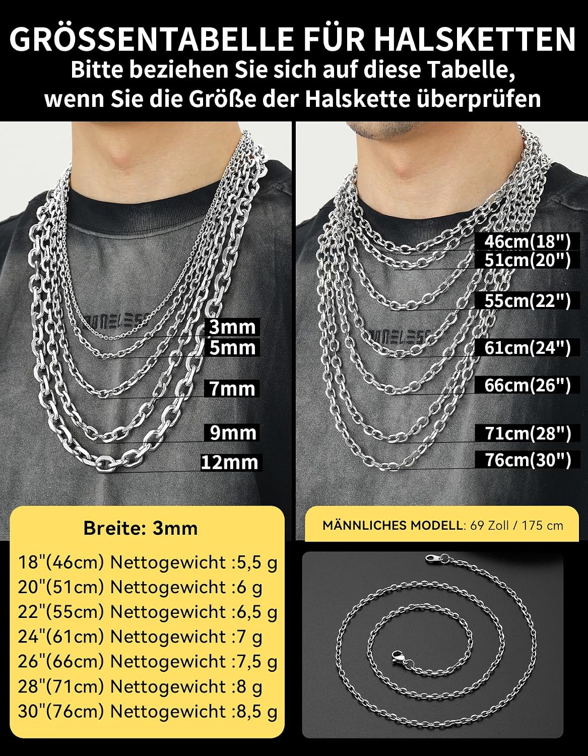 Detalle de ChainsHouse Rolokette Edelstahl – 3/5/7/9/12 mm breit, 46–76 cm, O-Kette/Ankerkette