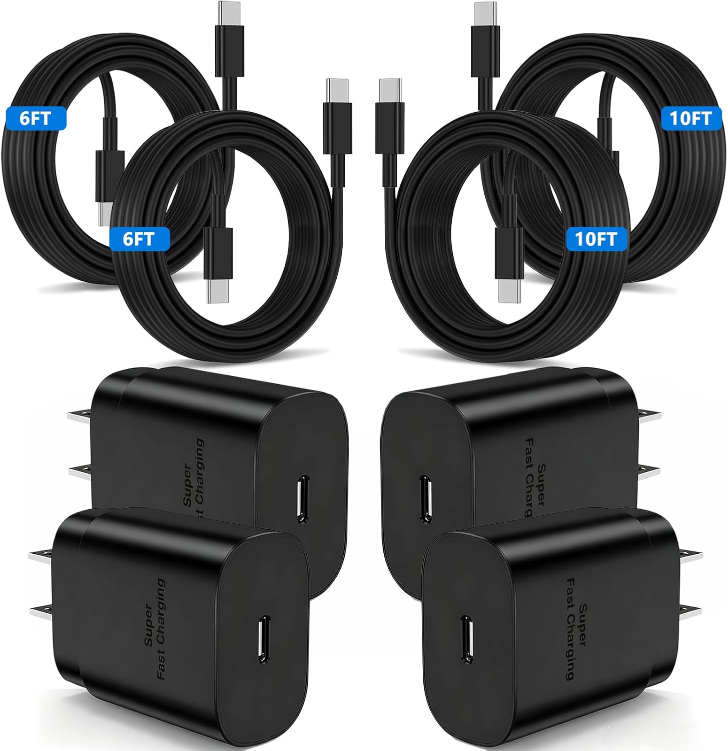 Detalle de 4Pack 25W USB-C Fast Charger with 2x6ft and 2x10ft C-to-C Cables
