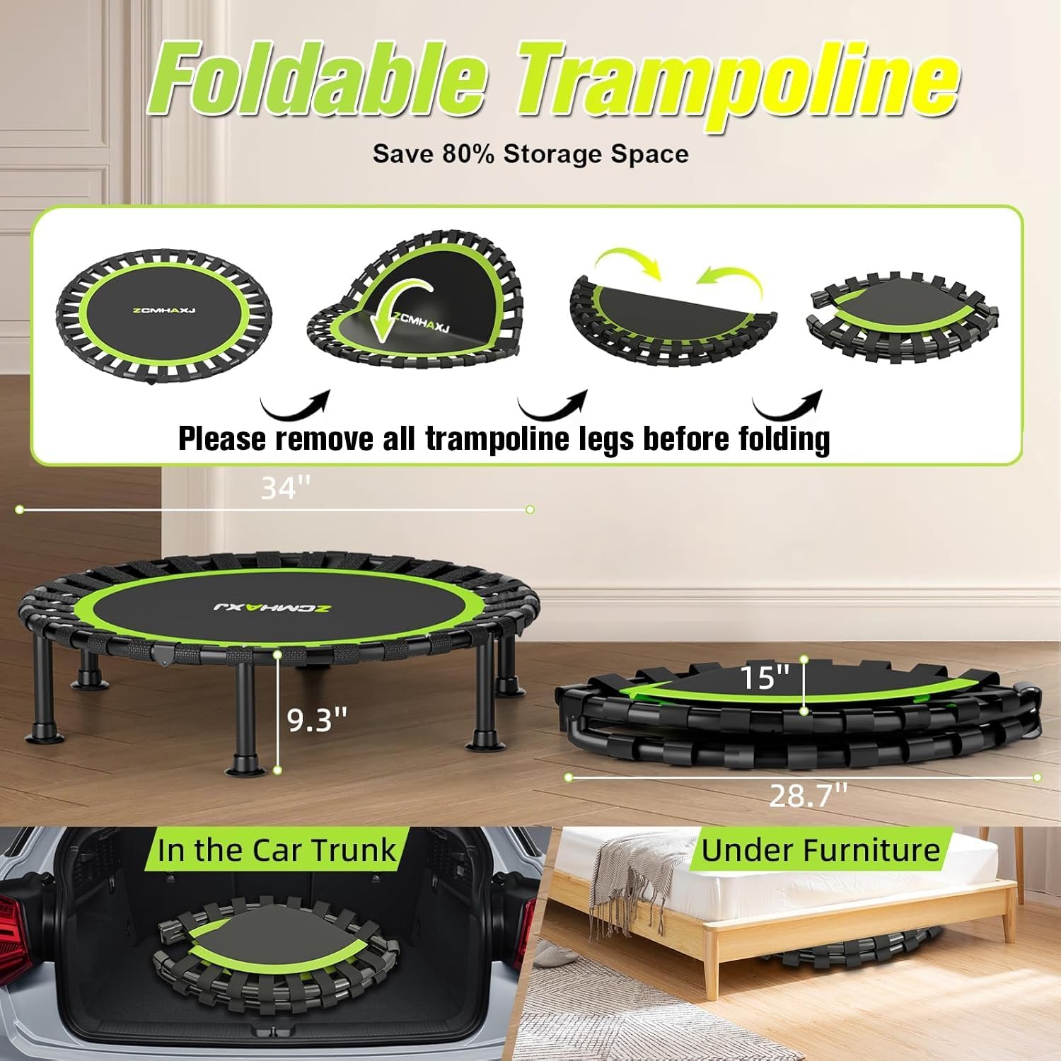 Detalle de ZCMHAXJ Foldable Mini Trampoline (36/40/48 in) — 440 lbs indoor rebounder for adults & kids