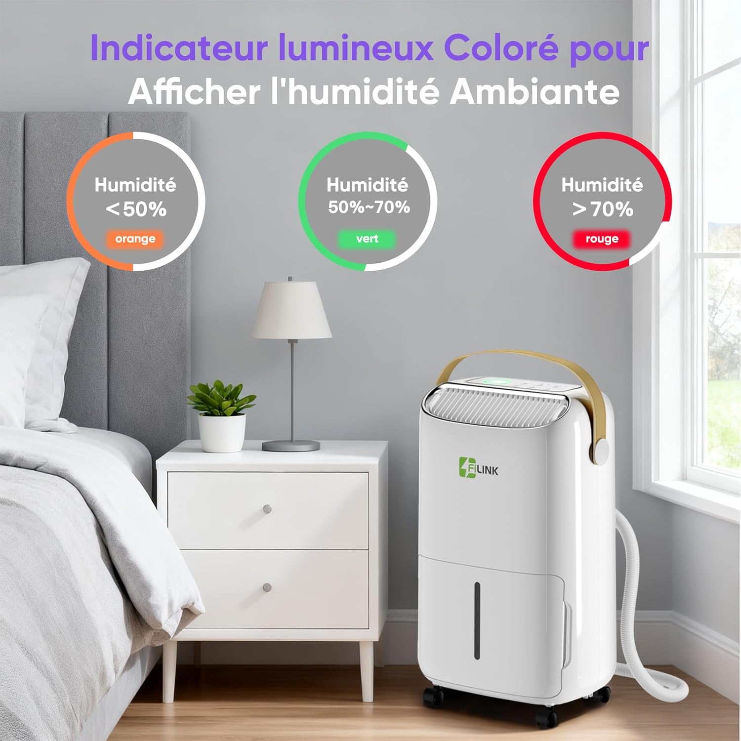 Detalle de Deshumidificateur d'Air 16L/Jour FILINK – 110 m³, 45 m², minuterie 24h et sécurité enfant