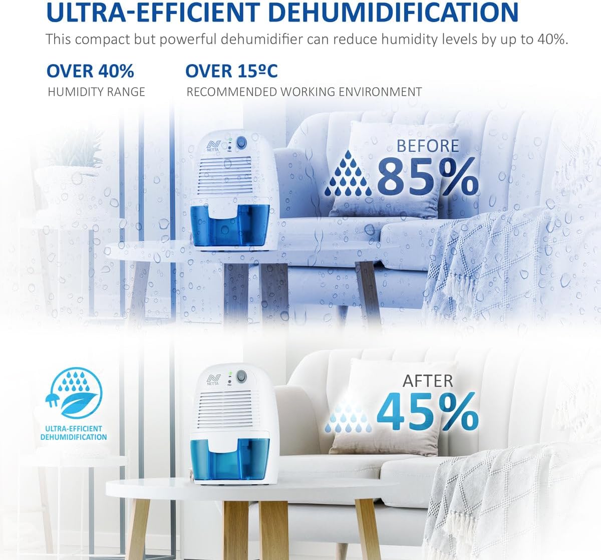 Thumbnail 3 de NETTA Mini Air Dehumidifier (Blue) – 500ml portable damp & mould dehumidifier for small rooms