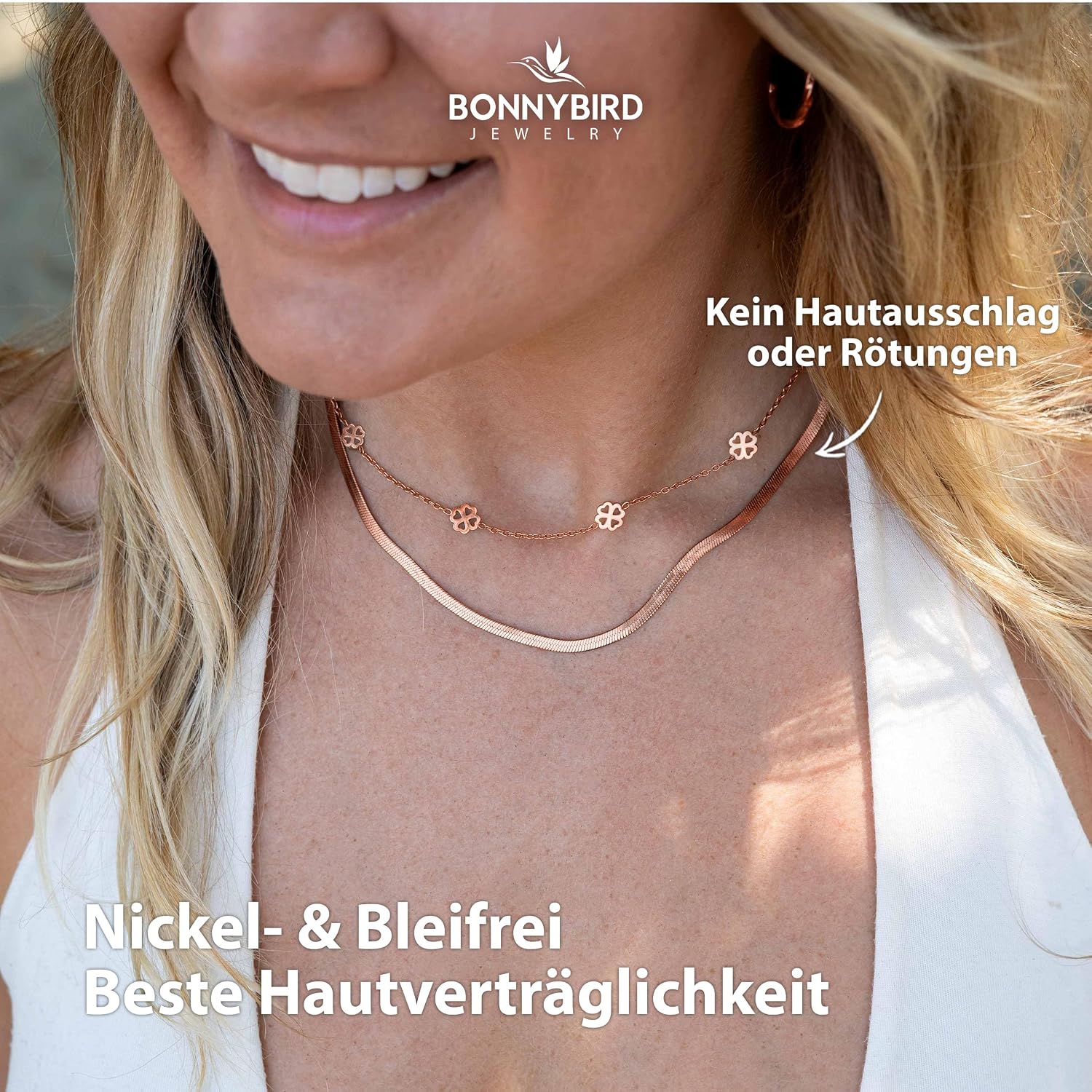 Detalle de BONNYBIRD Wasserfeste Edelstahl Halskette Damen – Kleeblatt, verstellbar 38–44 cm, Silber/Gold/Roségold