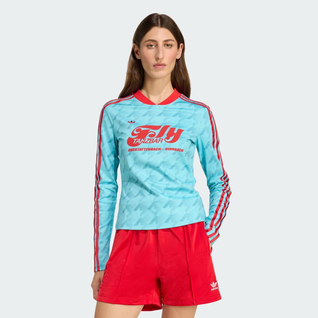 Detalle de Adidas Camiseta de fútbol Bodycon con estampado integral y manga larga (azul)