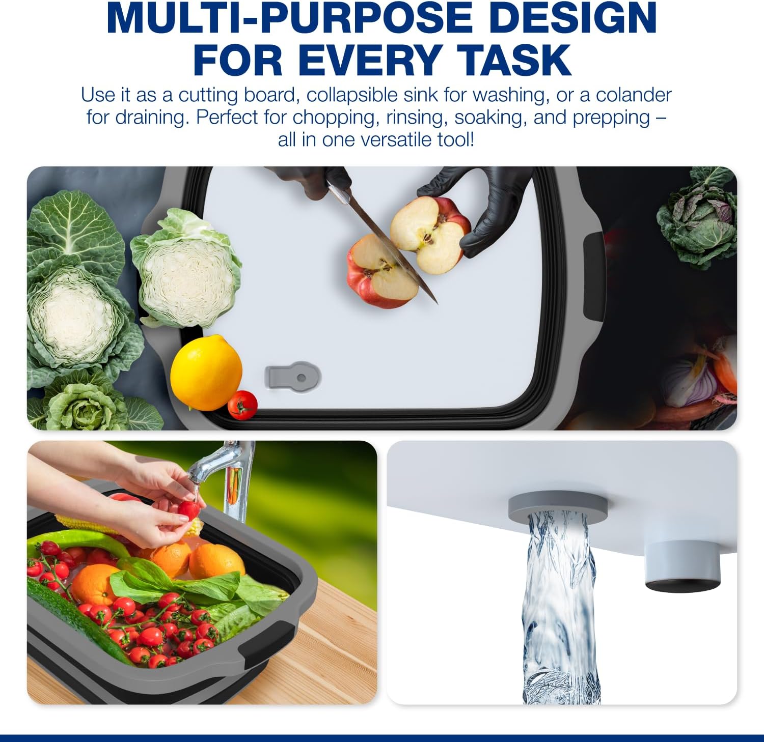 Detalle 2 de 2-Pack XL Collapsible BBQ Prep Tub with Built-In Cutting Board, Lid & Strainer: Marinate, Drain & Prep